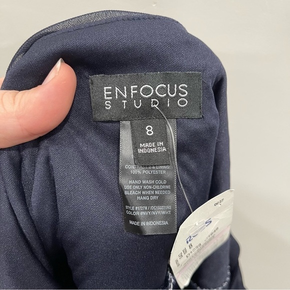 Enfocus Studio Sheer Yoke Polka Dot Peplum Dress Pencil Skirt Size 8 Navy Blue - Picture 8 of 9